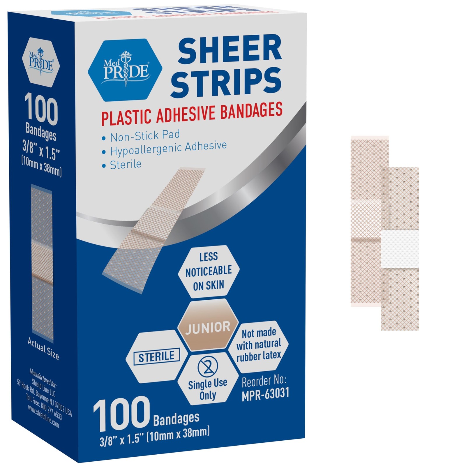 MED PRIDE Junior Strip Bandages,Hypoallergenic,Latex-Free,3/8×1.5 in,100-Ct