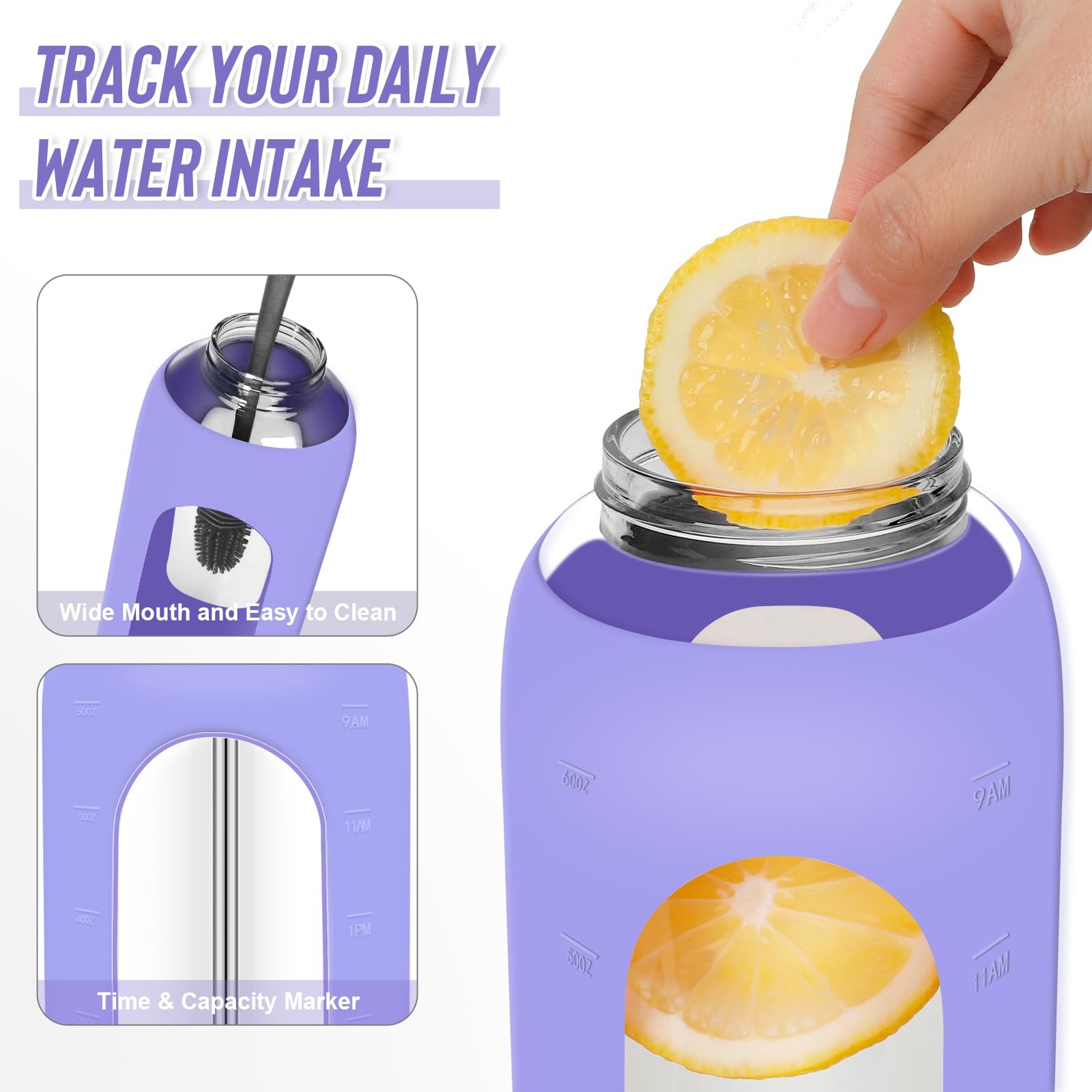 FULBEVY Glass Water Bottles 64 oz – Half Gallon Large 64 Ounces, Purple