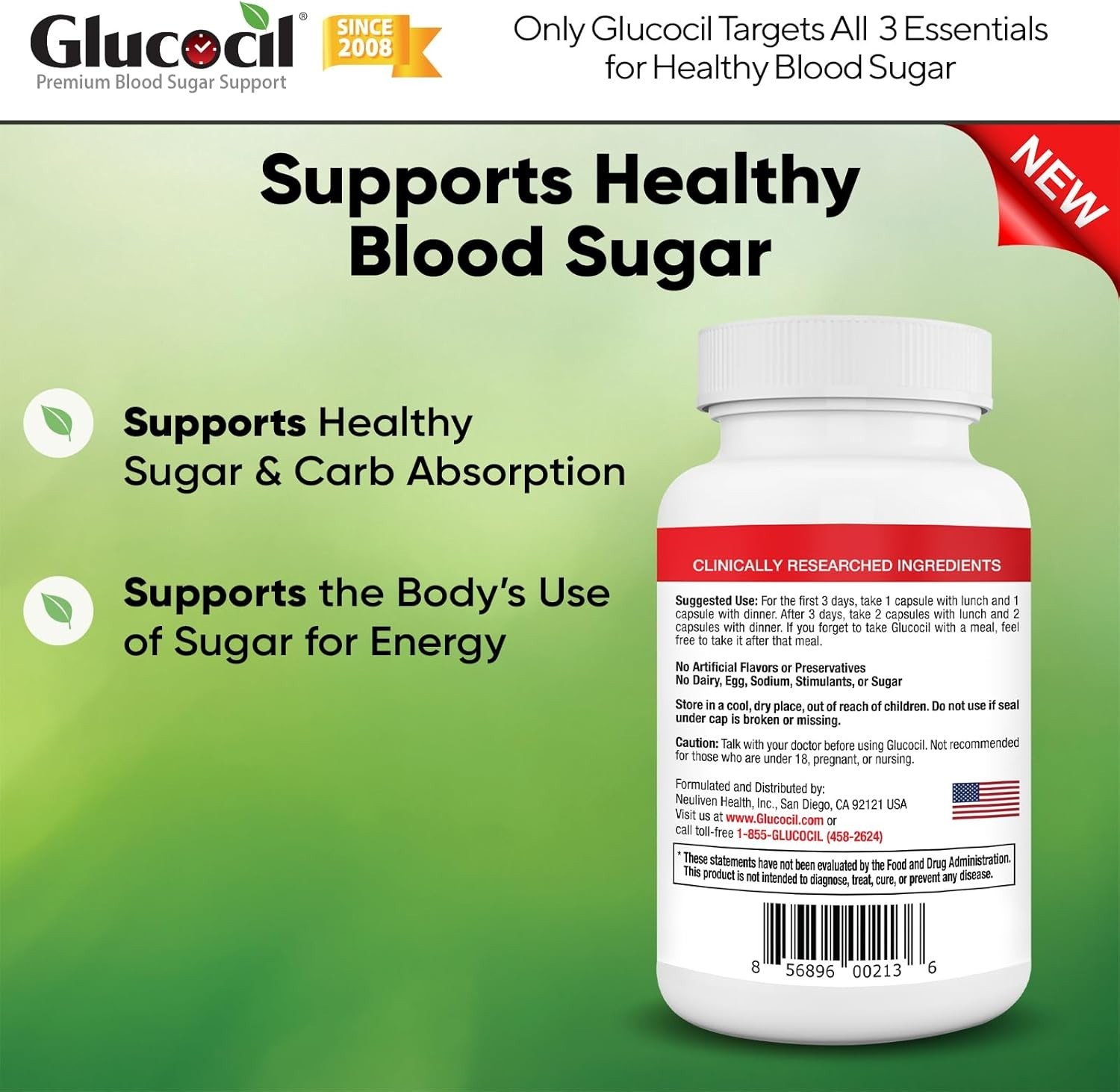 2-Pack Glucocil Blood Sugar Support 30-Day Supply 120 Softgels Each New with Box