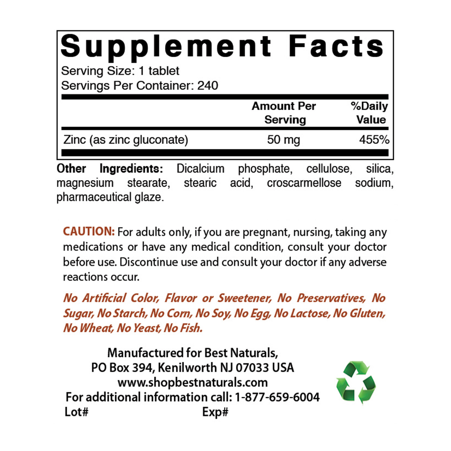 3 Pack Best Naturals Zinc 50 mg 240 Tablets