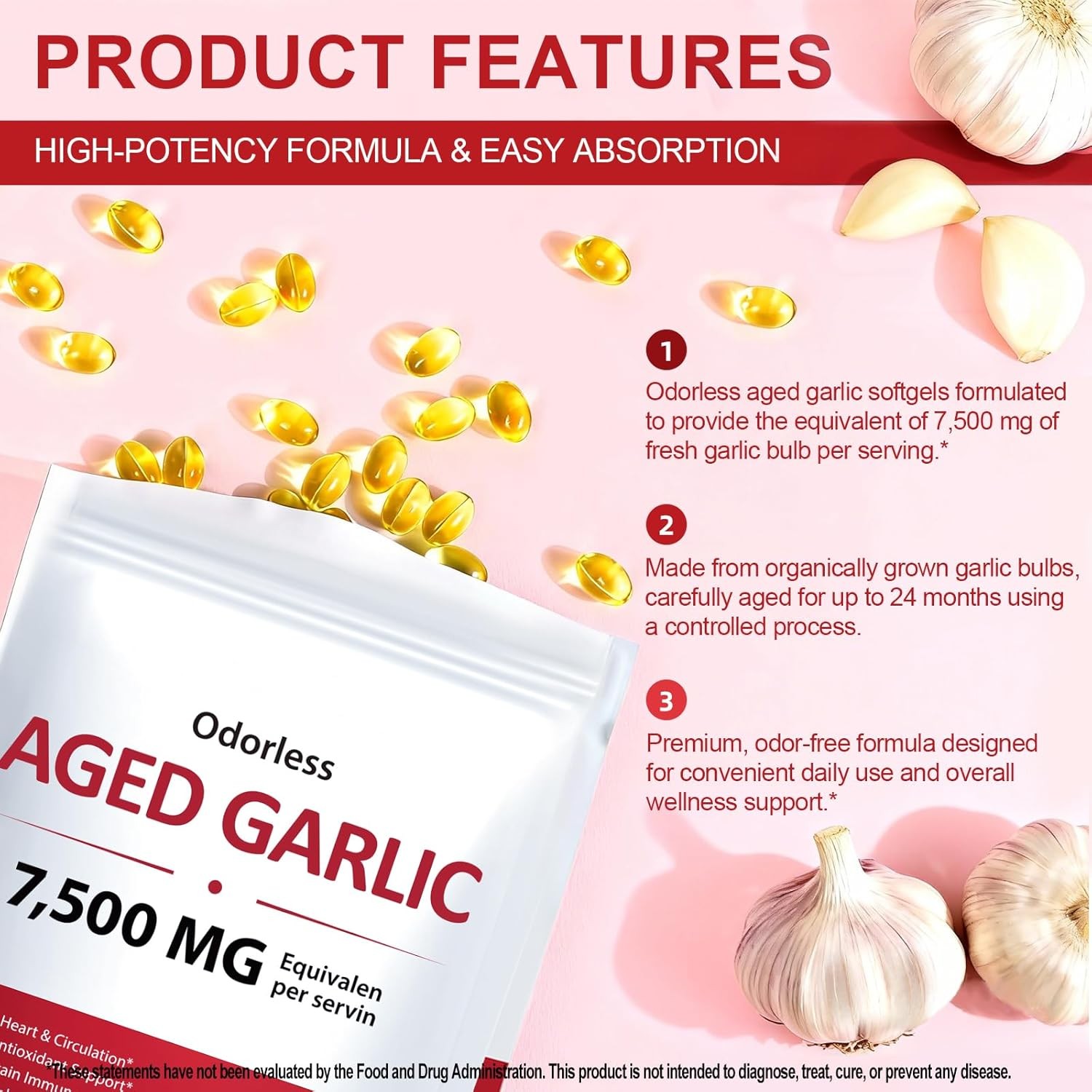 Odorless Garlic 7500mg Per Servings, 300 Softgels | 2 Years Aged Garlic Extra…
