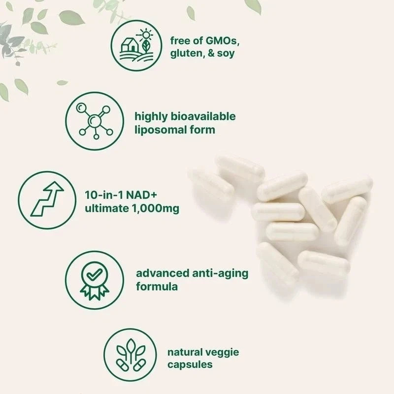 10-in-1 Liposomal NAD+ 1000mg Resveratrol 60 Veggie Caps Cellular Support