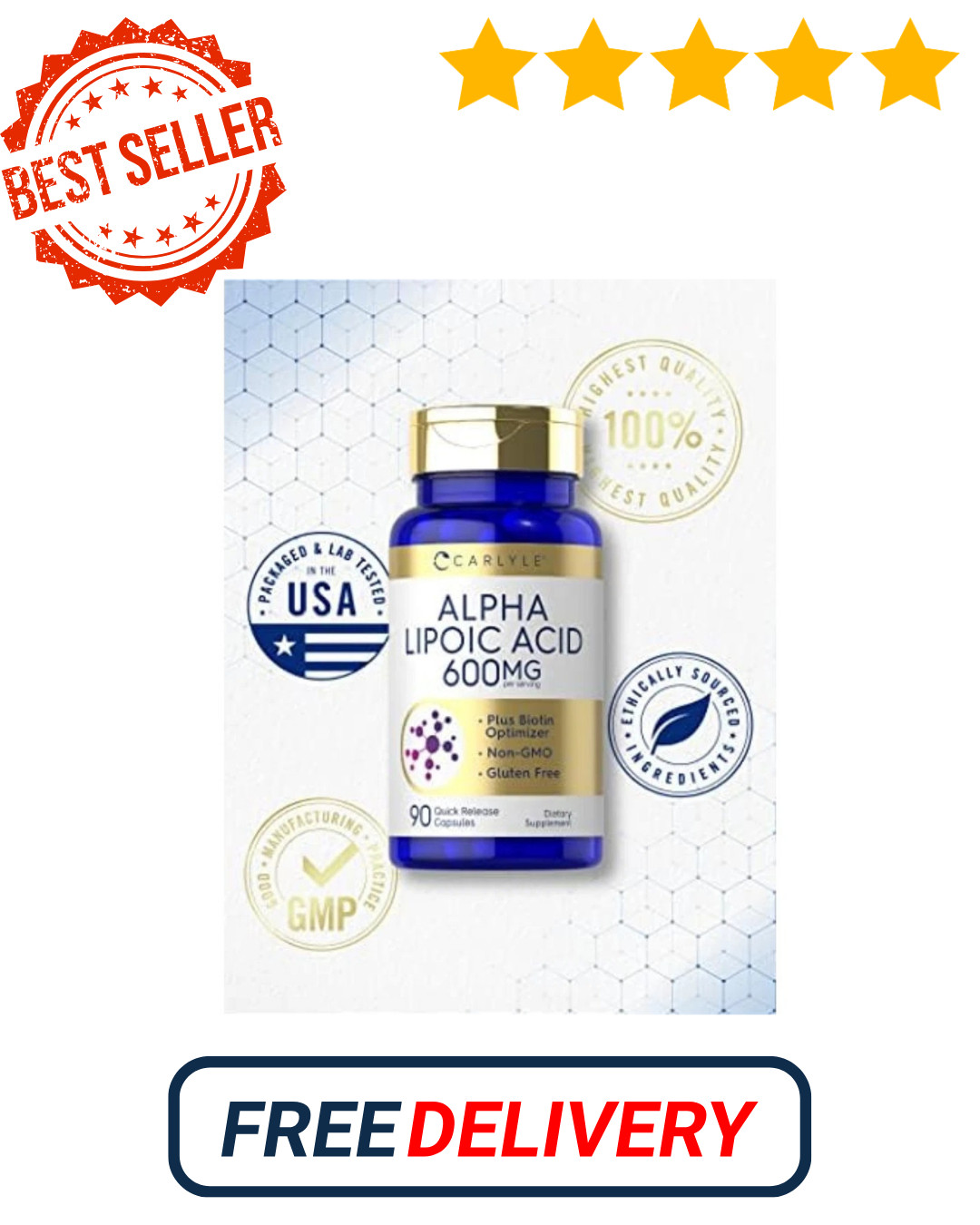 Acido Alfa Lipoico 600 Mg 90 Capsulas Pastillas Alta Calidad Puro Sin Gluten OMG