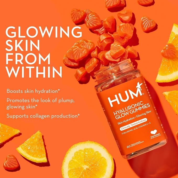 HUM Hyaluronic Glow Gummies Skin Hydration Supplement Orange Flavor | 60 Gummies