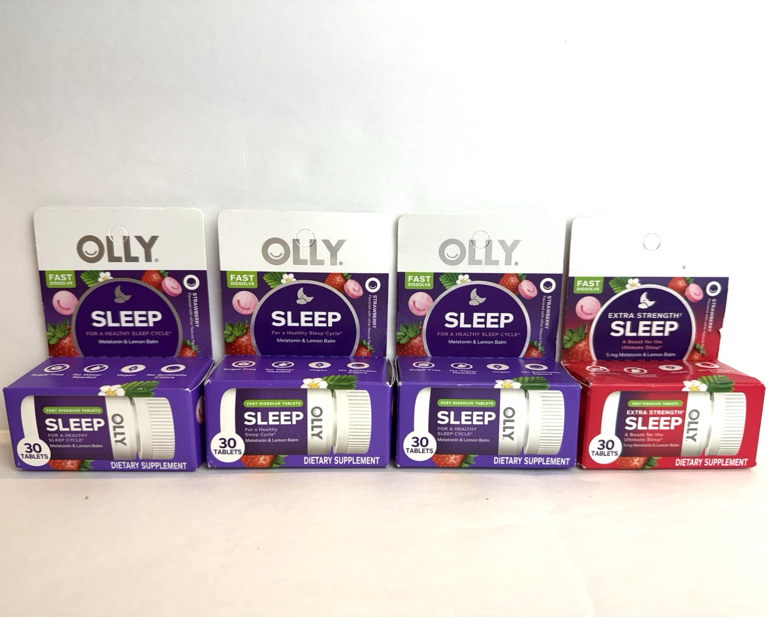 Olly Sleep Supplements Lot – 3 boxes Regular + 1 Box Extra Strength Strawberry