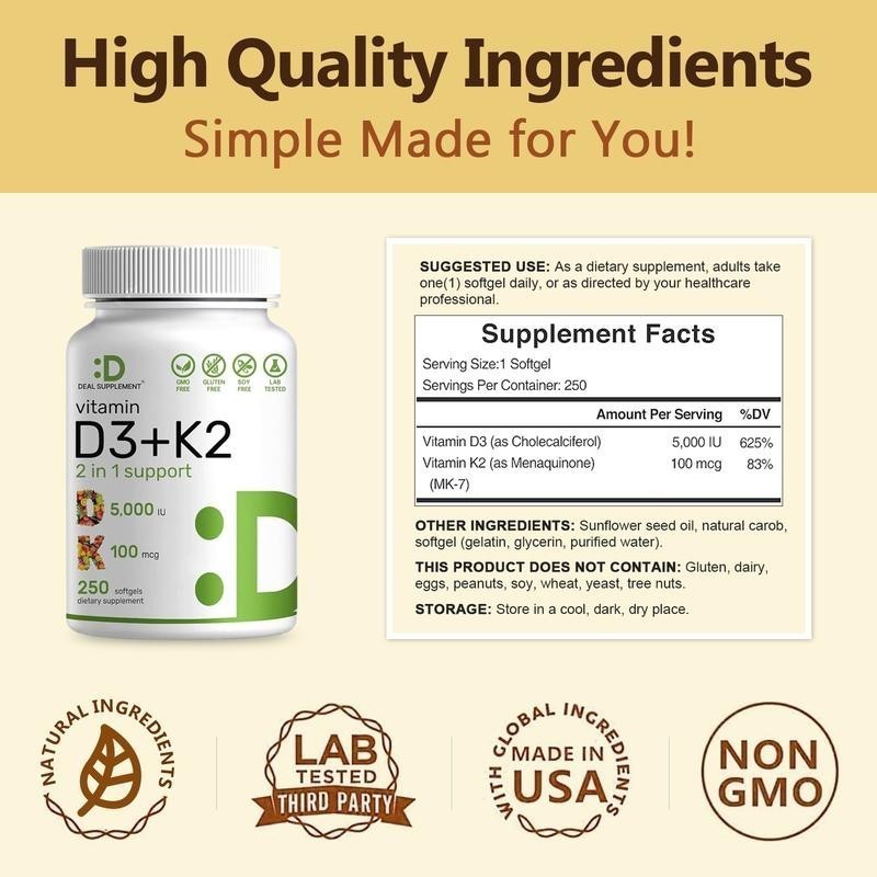 NEW LUXRY Vitamin D3 5000 IU with K2 MK7 250 Veggie Softgels Bone Immune Support