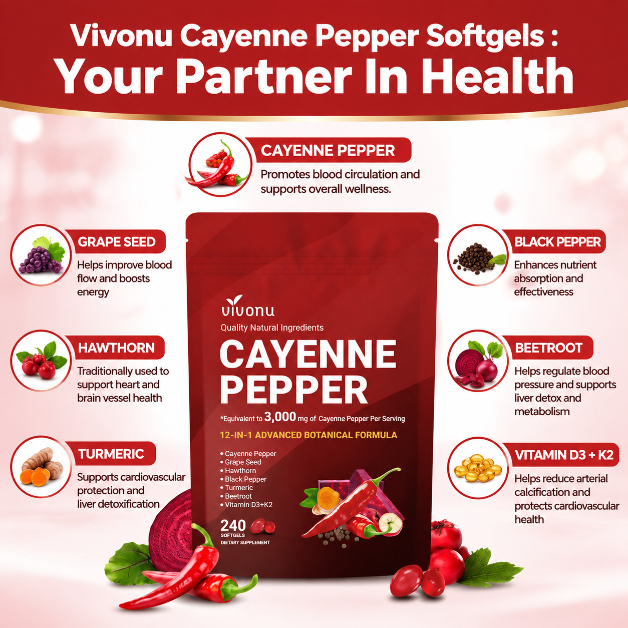 Vivonu 12-in-1 Cayenne Pepper Softgels Heart Circulation D3 K2 Turmeric Beetroot