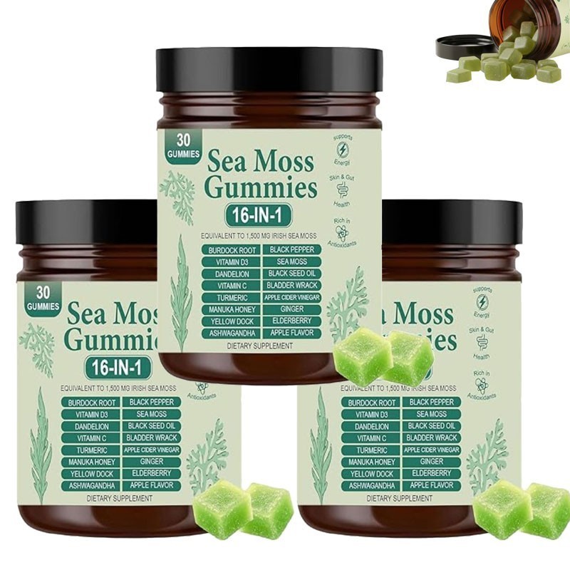 3PCS 16 in 1 Organic Sea Moss Gummy Irishmoss Extract 6000Mg Green Apple Flavor