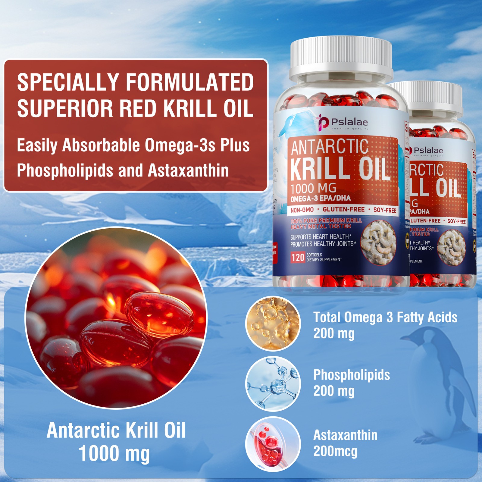 Antarctic Krill Oil 1000mg -with Omega-3 EPA, DHA, Astaxanthin and Phospholipids