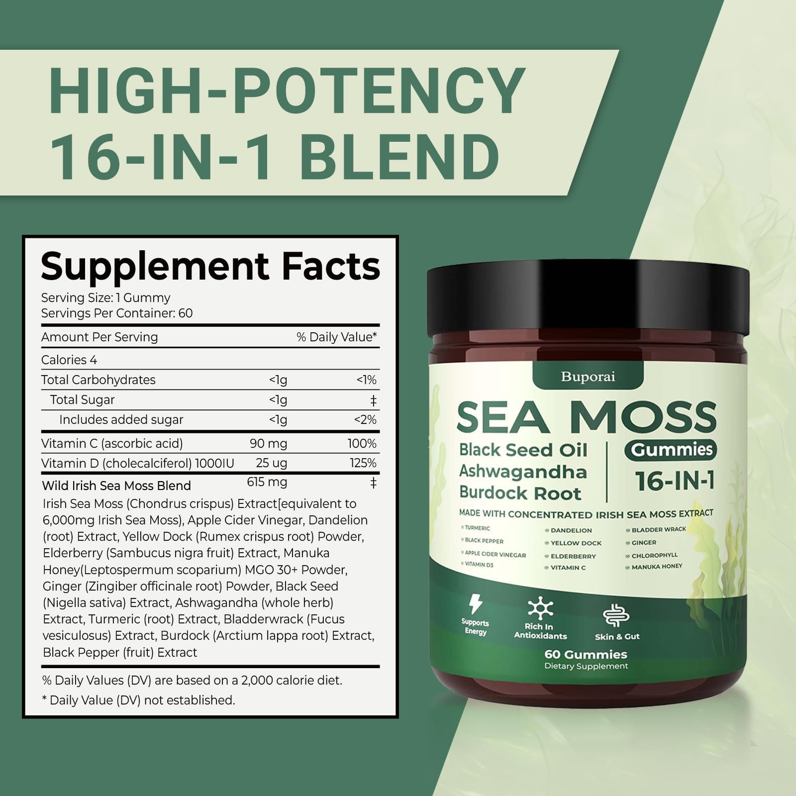Buporai Sea Moss Gummies 16-1, Black Seed Oil Ashwagandha Turmeric Bladder Wrac