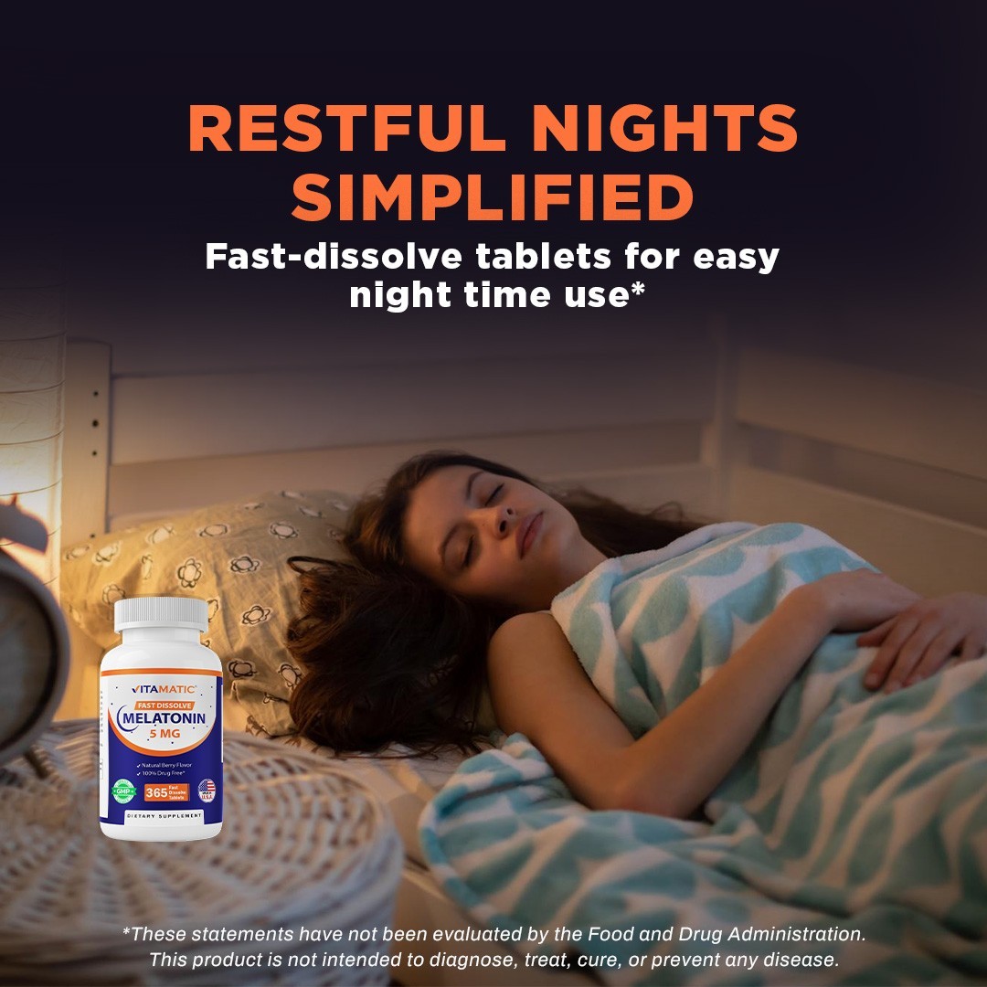 Vitamatic Melatonin 5mg Tablets | Natural Berry Flavor – 365 Tablets