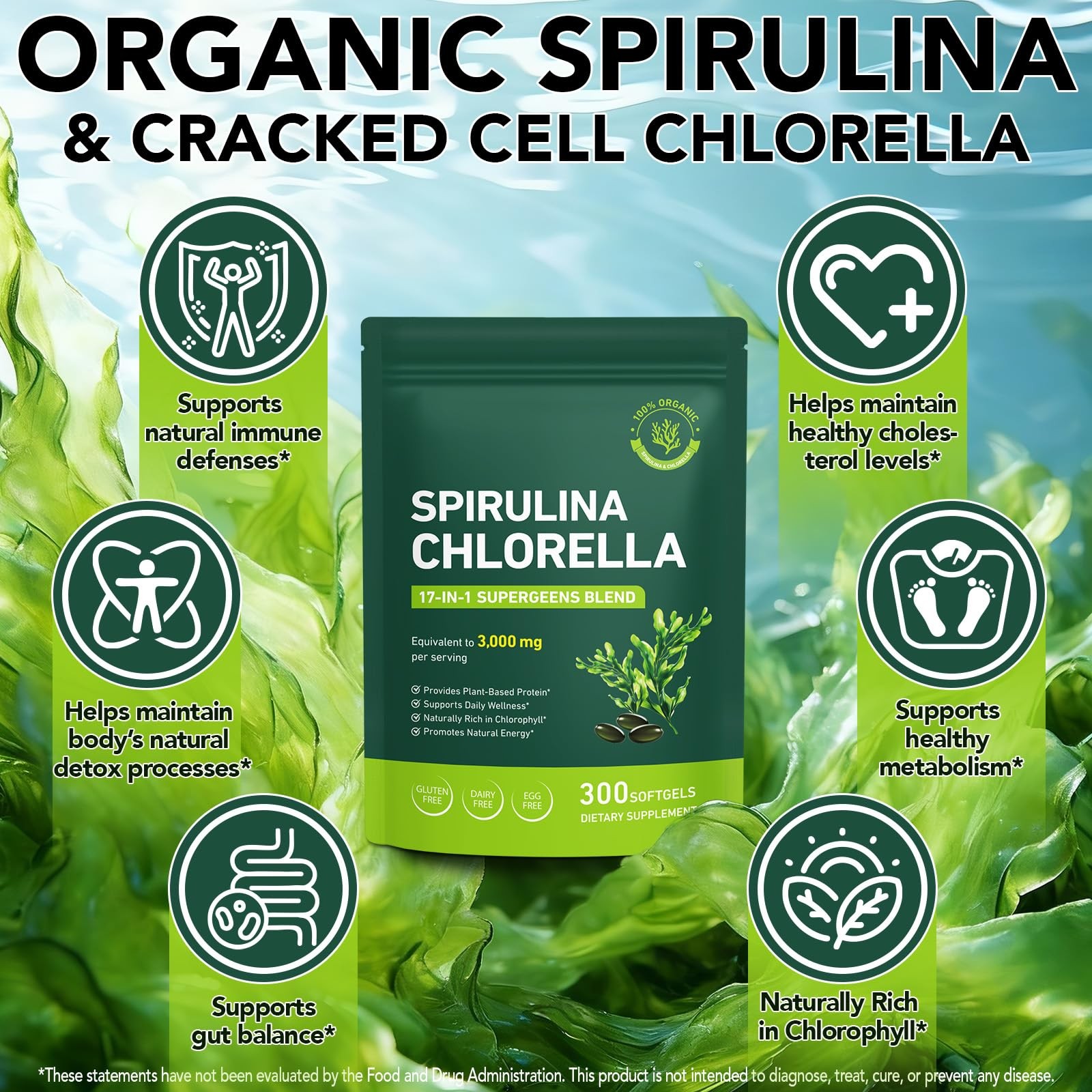 bnHUlMXw Organic Spirulina Chlorella Capsules,Non-GMO 300 Count (Pack of 1)