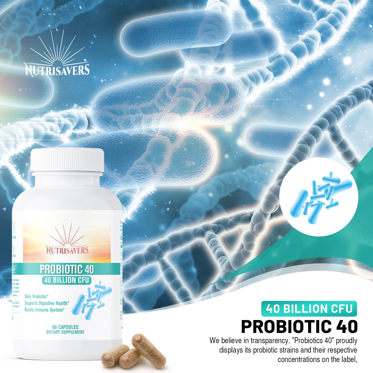 Probiotic Digestion Support 40 Billion CFU Body Defense 60 Caps, Pack of 2