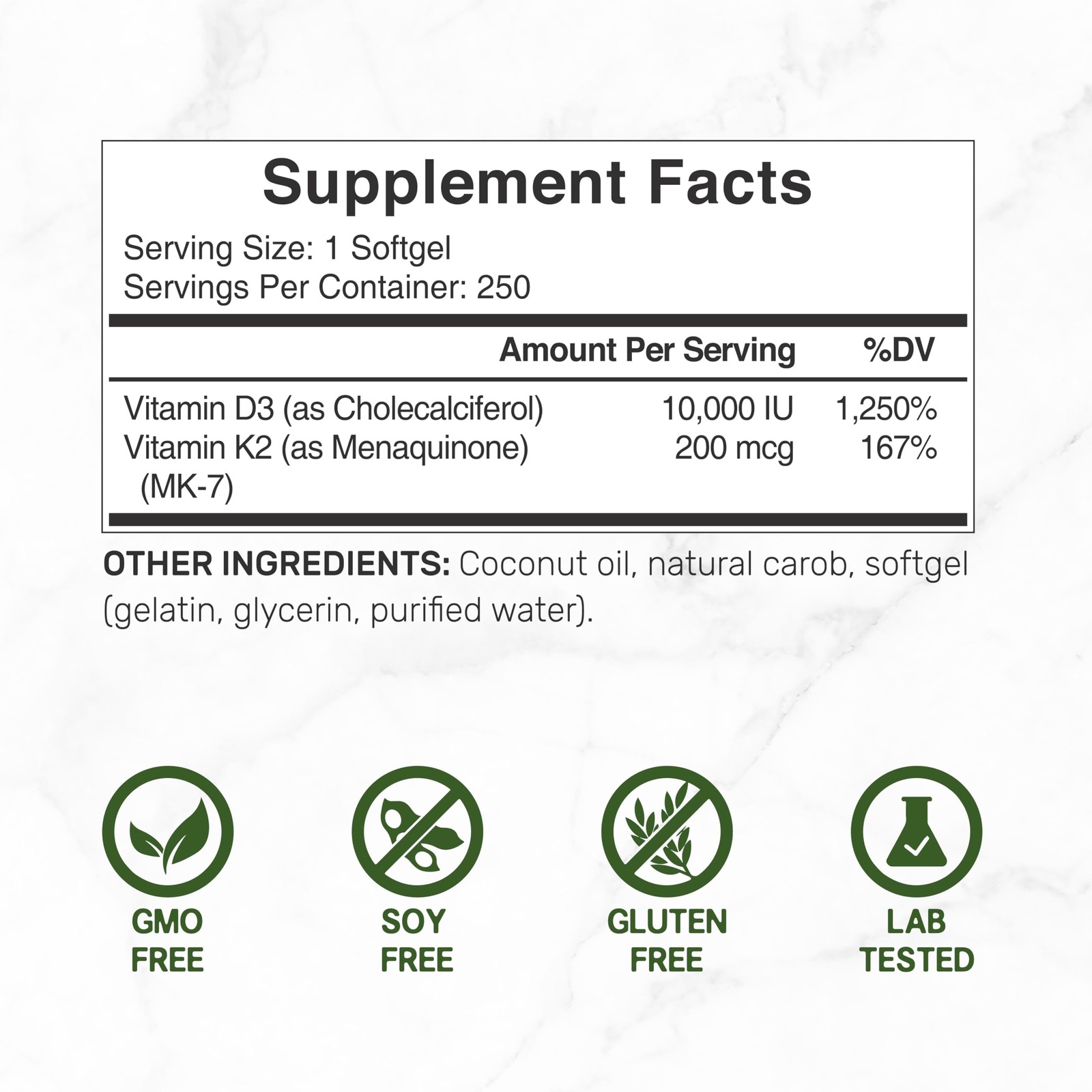 DEAL SUPPLEMENT Vitamin D3 10,000 IU + K2 MK7 250 Count (Pack of 1), Red