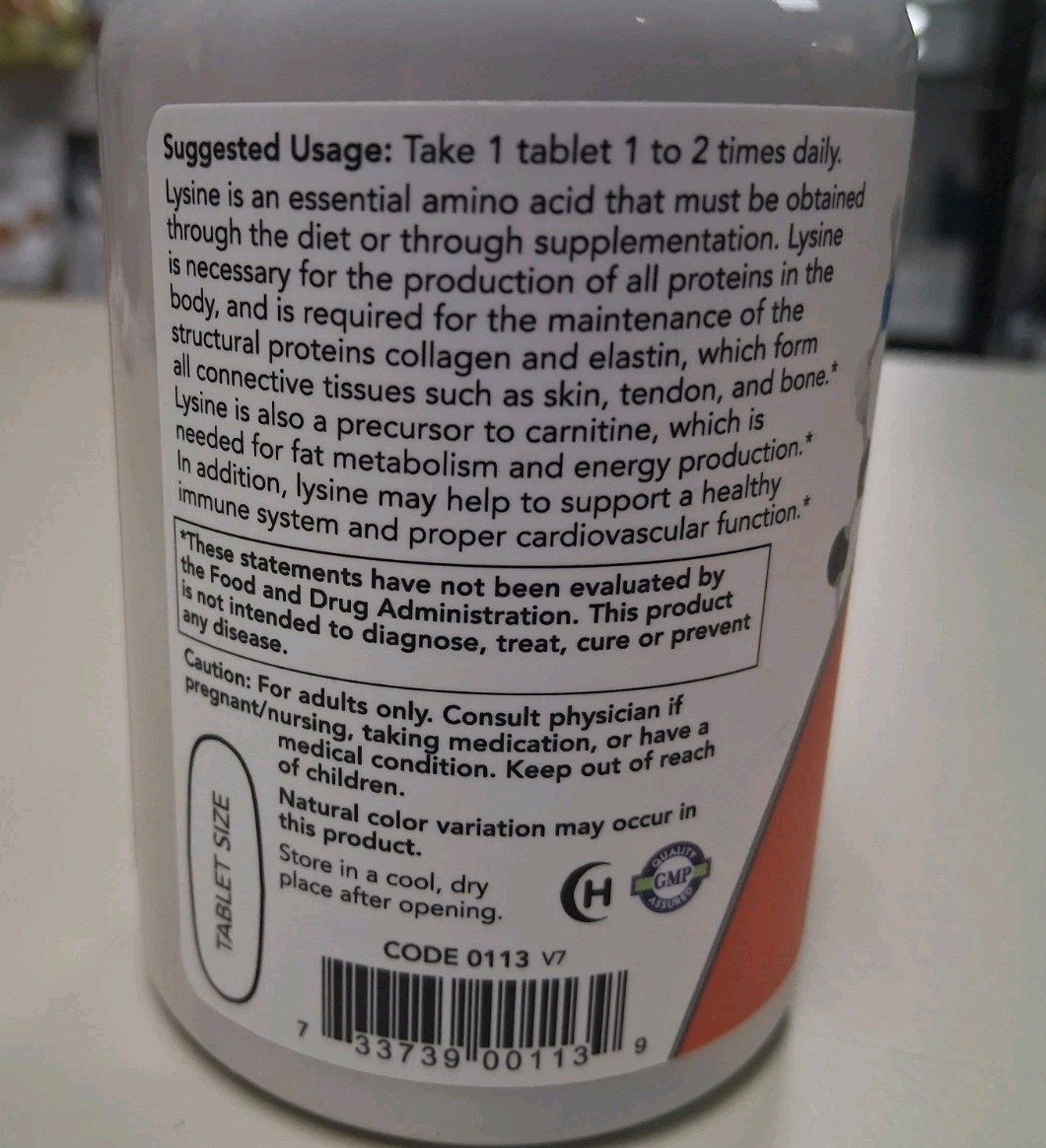 NOW FOODS L-Lysine 1000 mg – 100 Tablets Immune Support Collagen Synthesis 2030