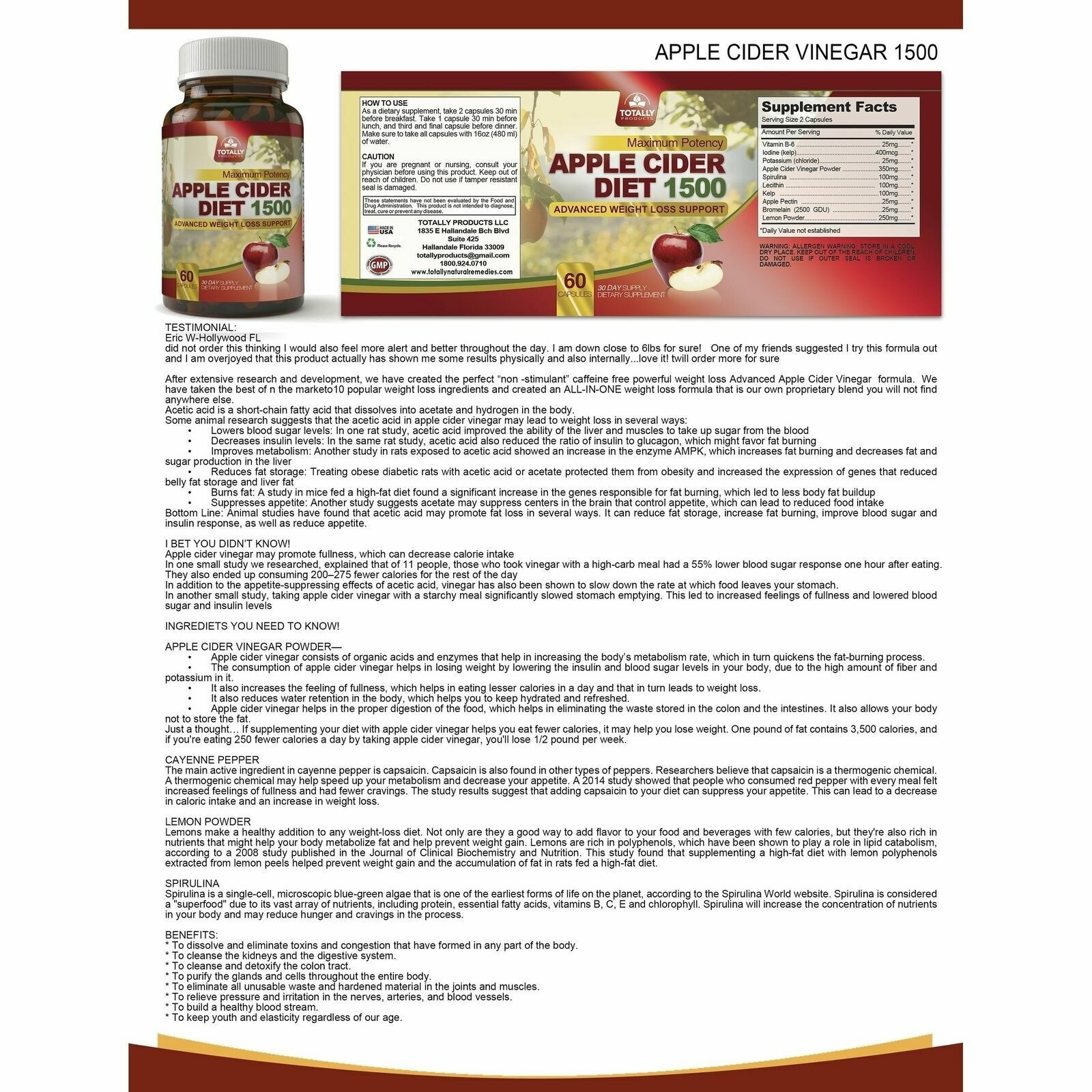 Adrenal Support Energy Dietary Supplement Apple Cider Vinegar Weight Management
