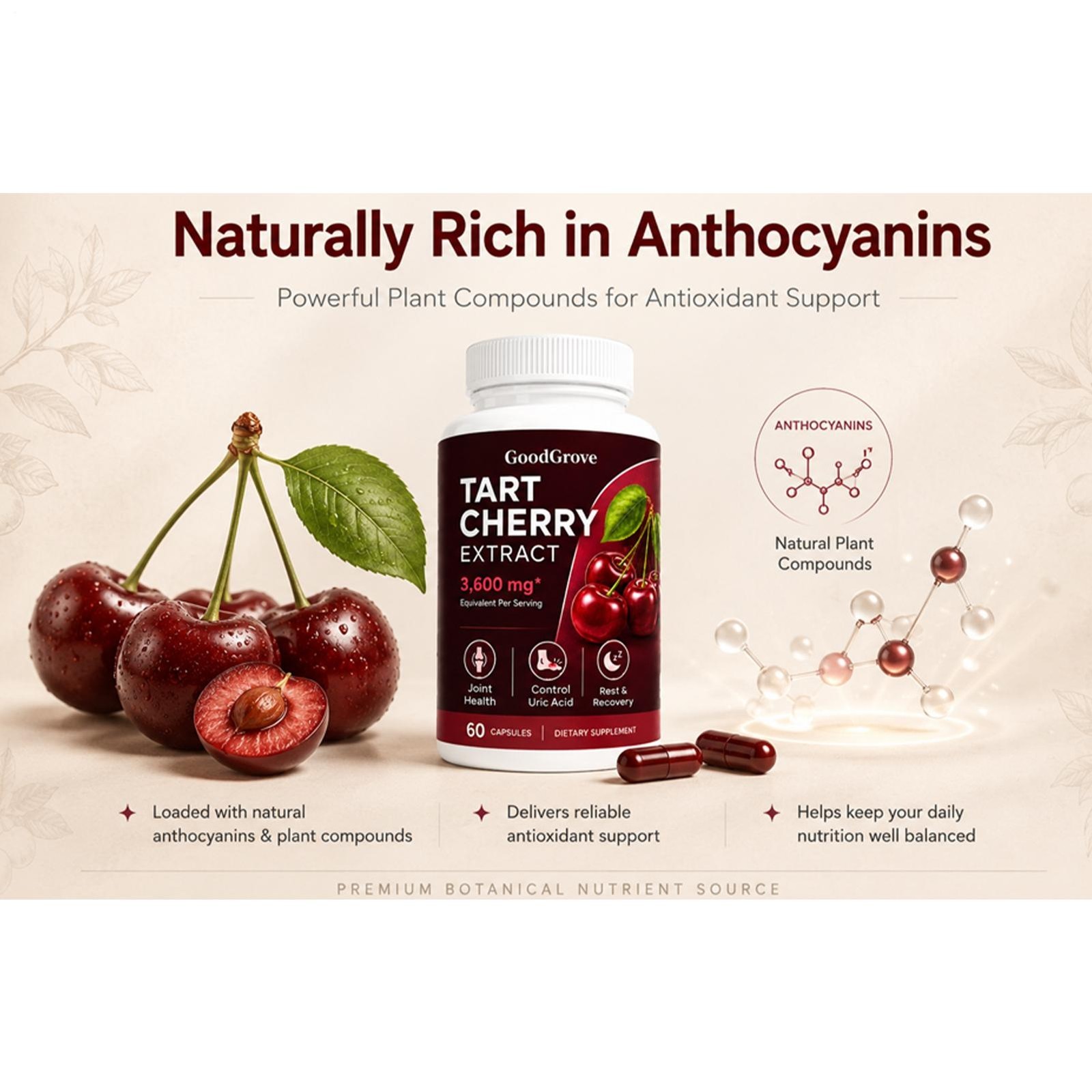 2Pcs Good Grove Tart Cherry Extract,Goodgrove Tart Cherry Cold Extracted,60Ct
