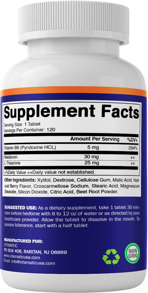 Vitamatic Melatonin 30mg – with B6 & L-Theanine – 120 Fast Dissolve Tablets with
