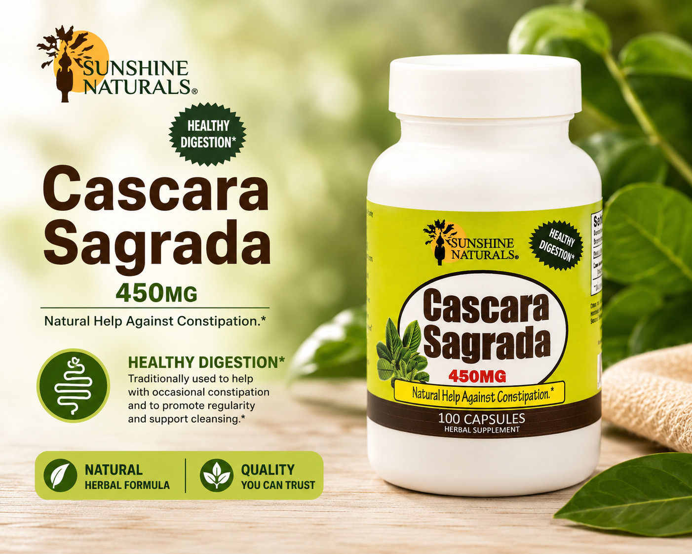 Sunshine Naturals Cascara Sagrada 450mg 2 Pack 100 Capsules Digestive Support