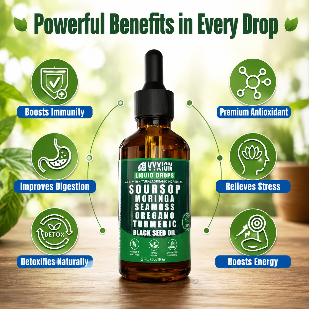 VYXION 10-in-1 Soursop Liquid Drops Seamoss Moringa Immune Gut Support 2oz