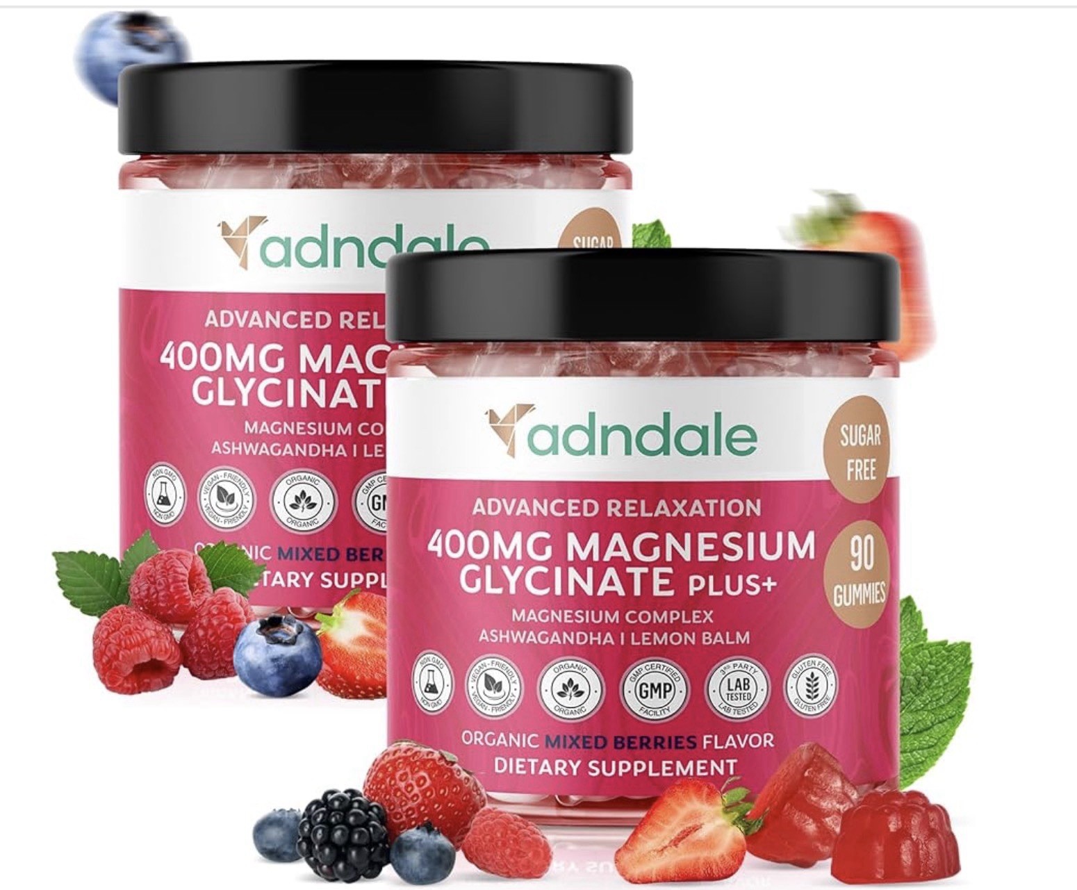 2X Adndale Magnesium Glycinate Gummies 400mg With Ashwagandha Sugar Free 180 Ct