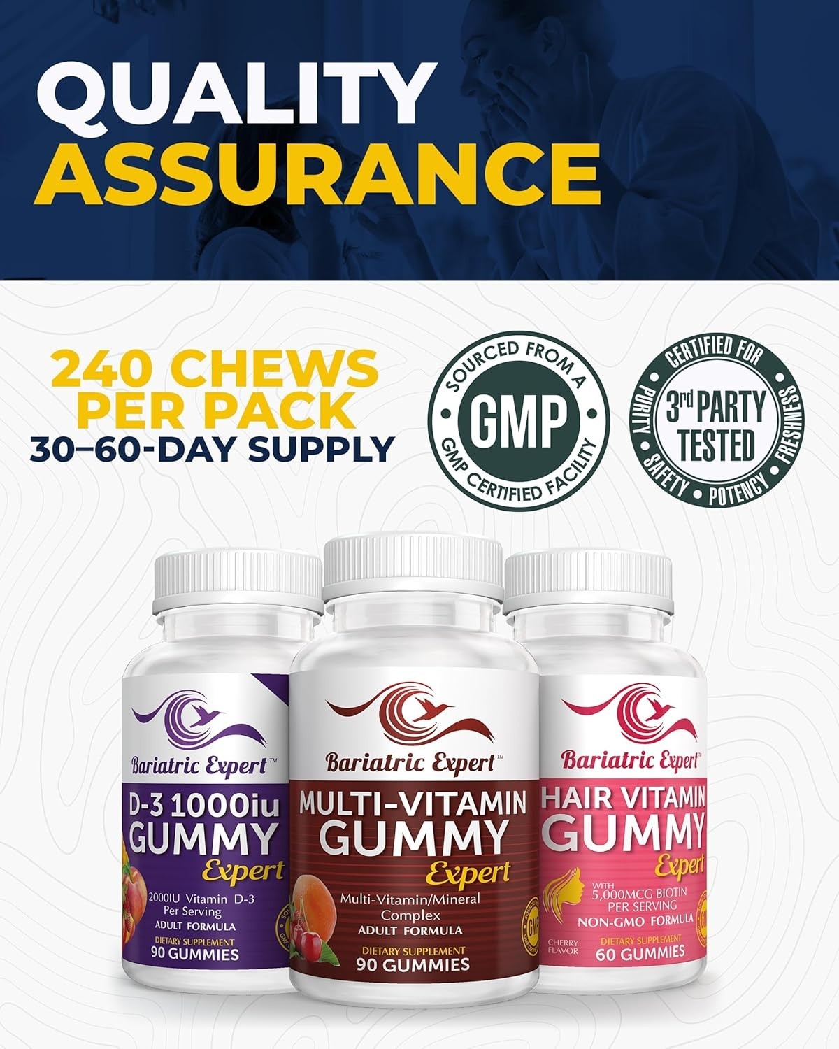 Bariatric Multivitamin Gummy 3 Pack D3 & Hair Formula Chews Adult Daily