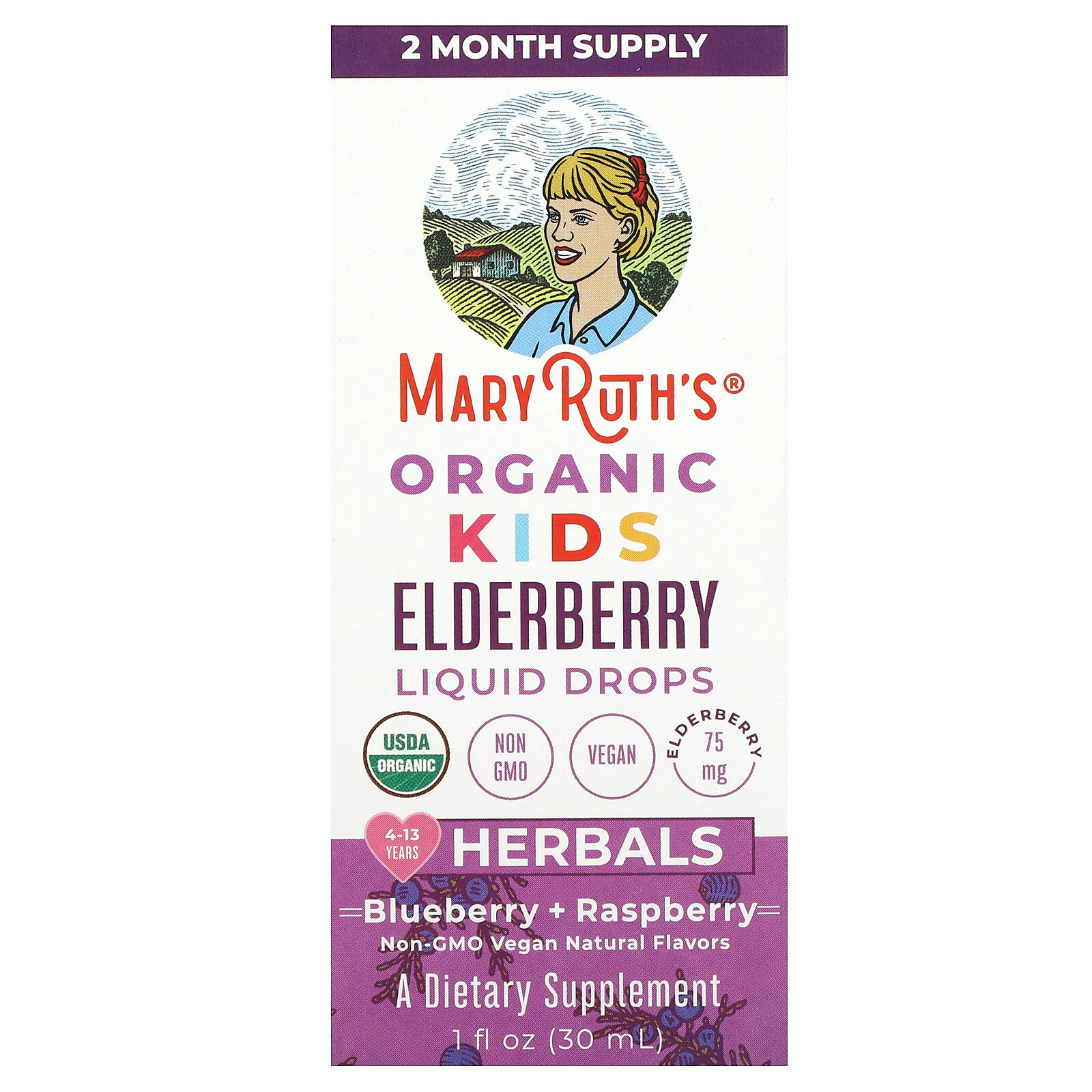 Organic Kids Elderberry Liquid Drops, 4-13 Years, Blueberry + Raspberry, 1 fl oz