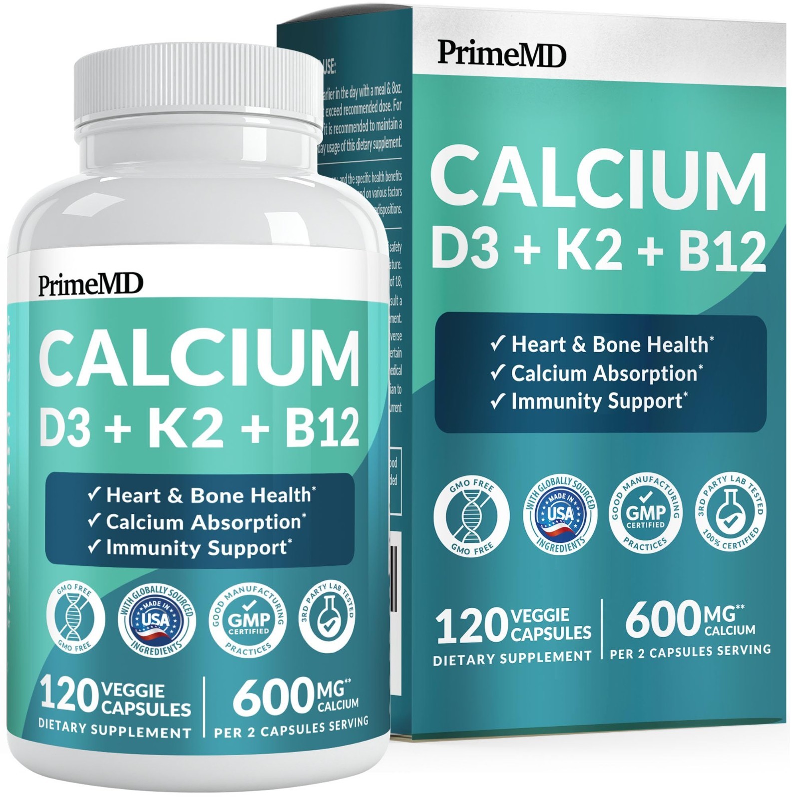4-in-1 Calcium Citrate Supplement with D3 & K2 – Vegan, Gluten-Free, 120 Capsule