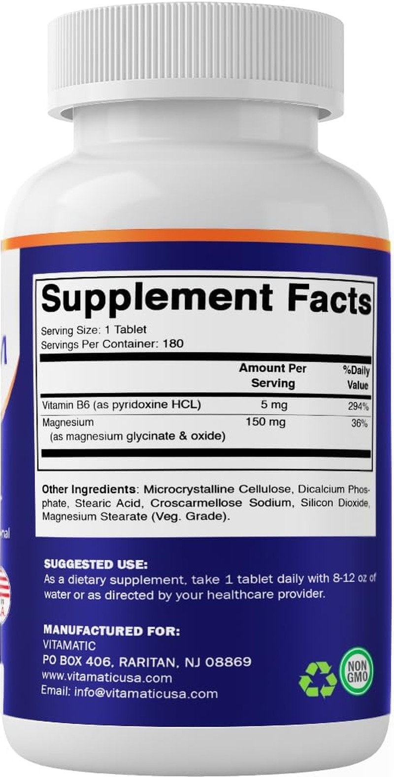 Magnesium with B6-180 Vegetarian Tablets (Uncoated) – Added B6 for Maximum Absor