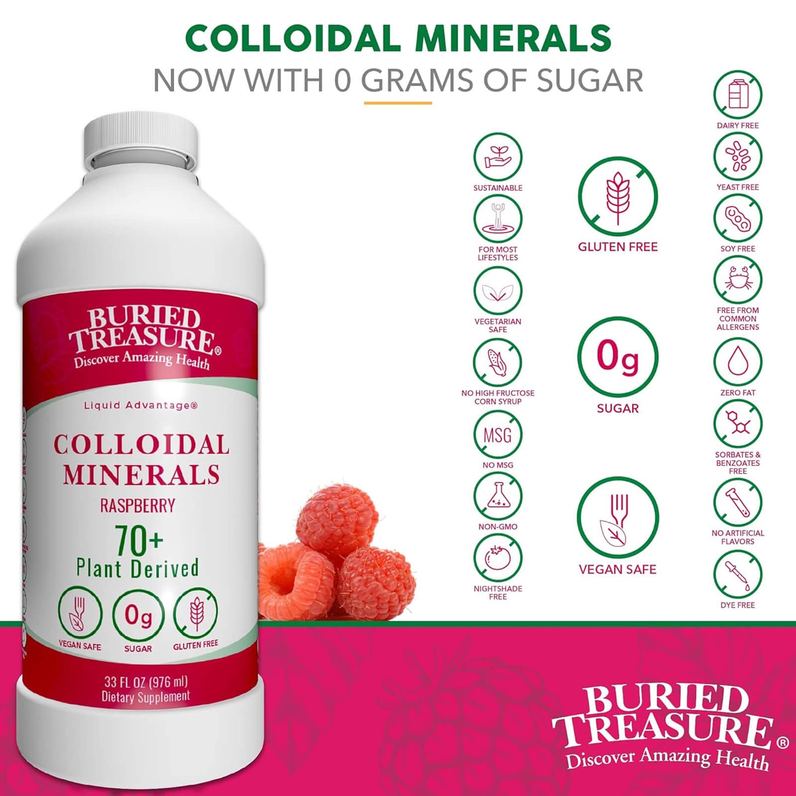 Buried Treasure Raspberry Minerals 32 oz, 0g sugar, Plant Derived