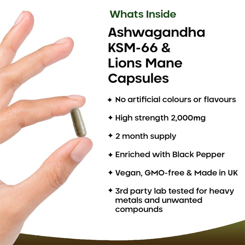 Ashwagandha KSM-66 & Lion’s Mane 120pcs,Replenishing Cortisol & Adrenal Function