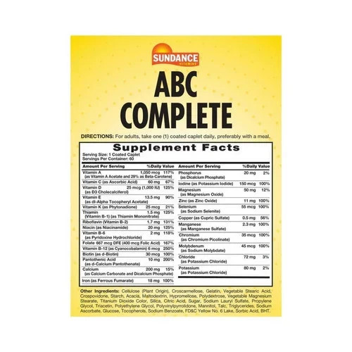 Sundance ABC Complete Adult Multivitamin and Mineral 60 Caplets Expires 07/2028