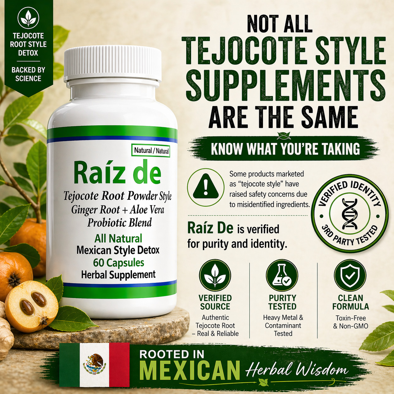 Raiz DE All Natural Mexican Detox w Hawthorn Root Tejocot Powder and Ginger Root