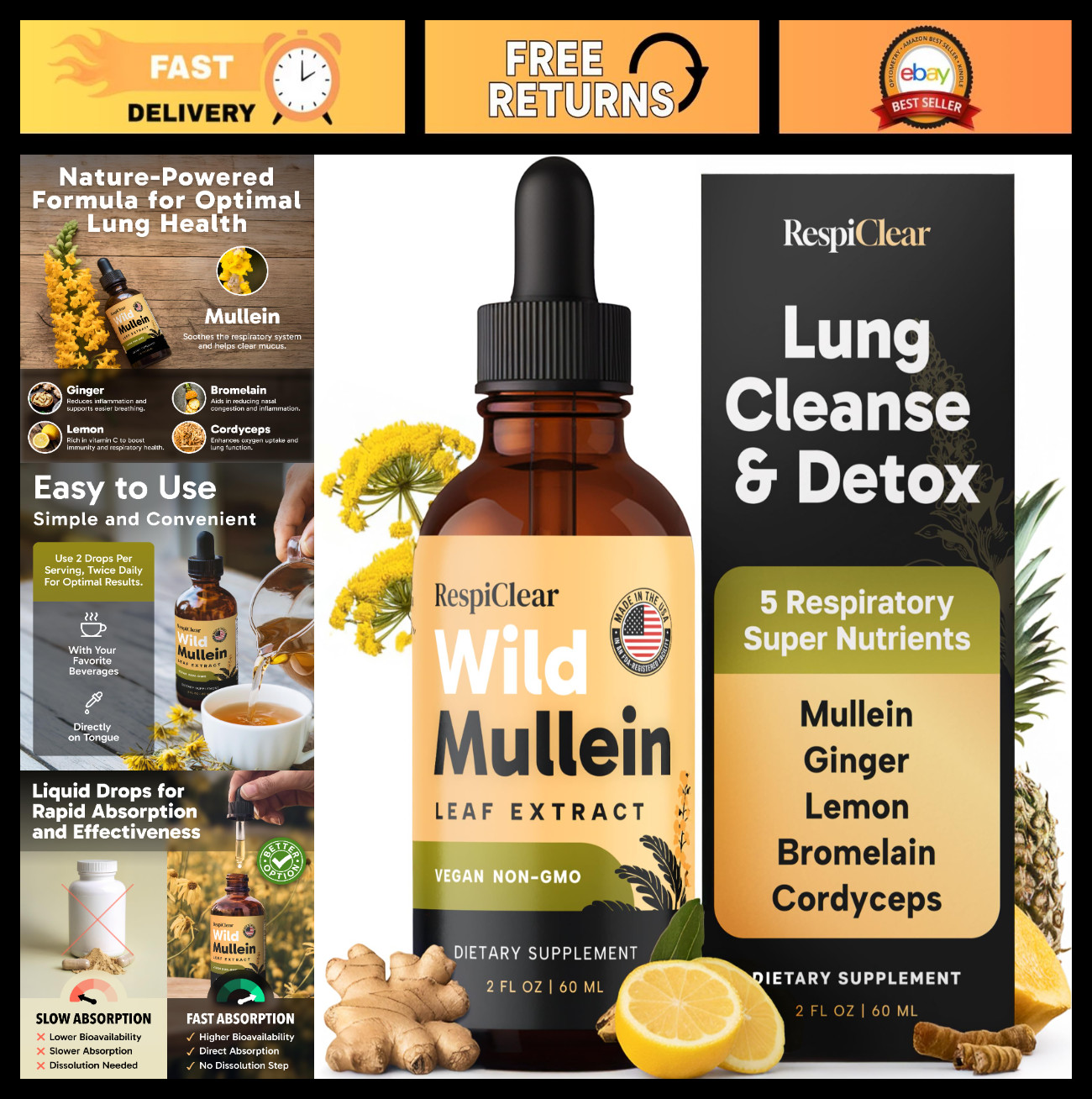 Natural Mullein Drops with Ginger & Lemon – Lung Cleanse & Detox, 2 Fl oz