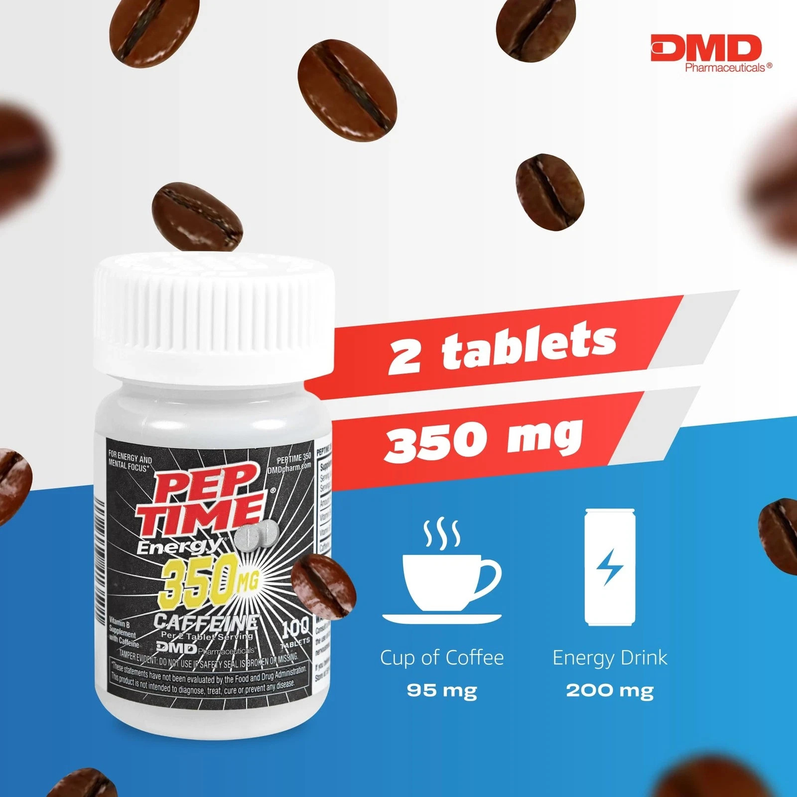 PEPTIME Energy Tablets, Vitamin B6 and B12 Caffeine Pills, 350 mg Caffeine pe…
