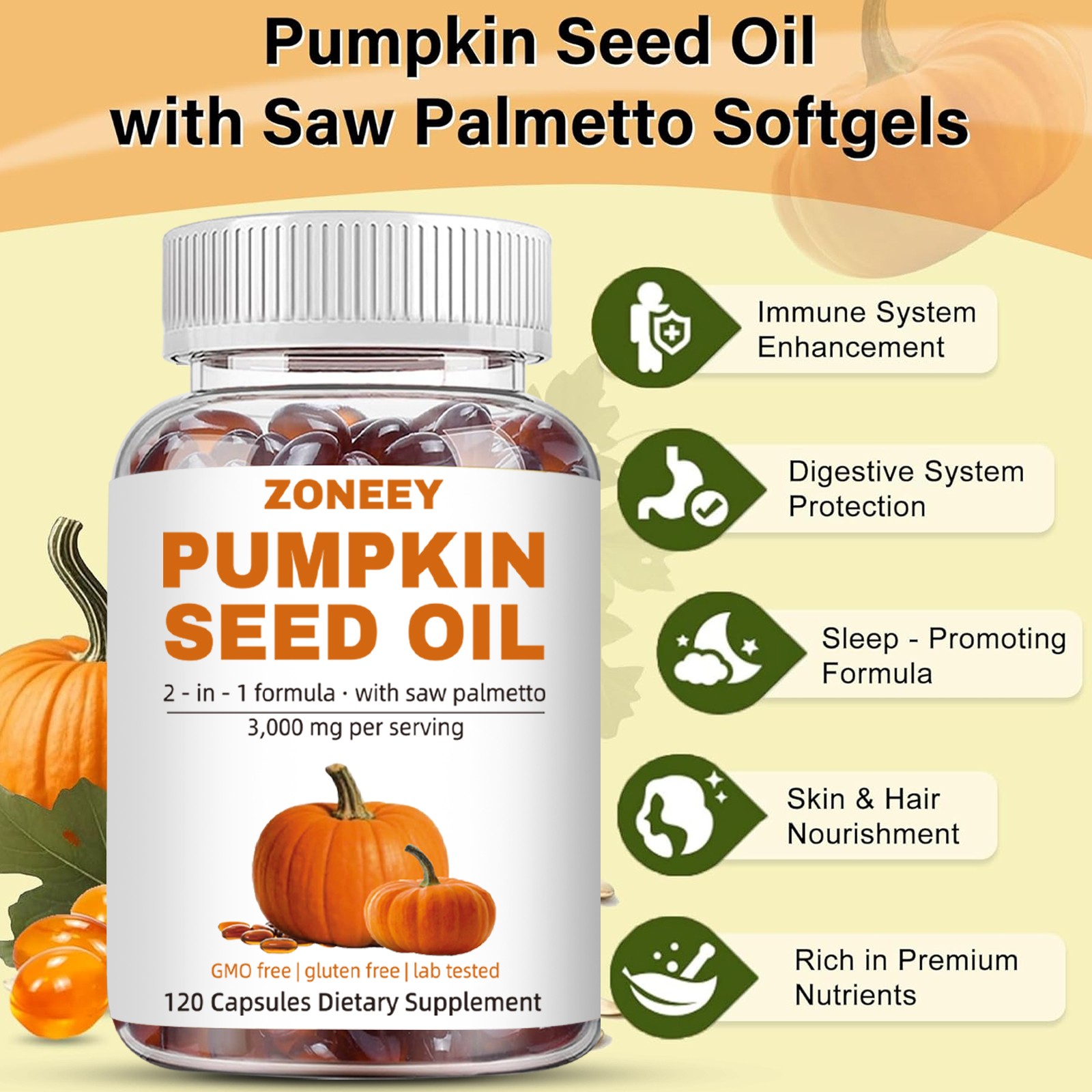 Pumpkin Seed Oil Capsules with Saw Palmetto 3000mg | 120 Softgels | Cold Pressed