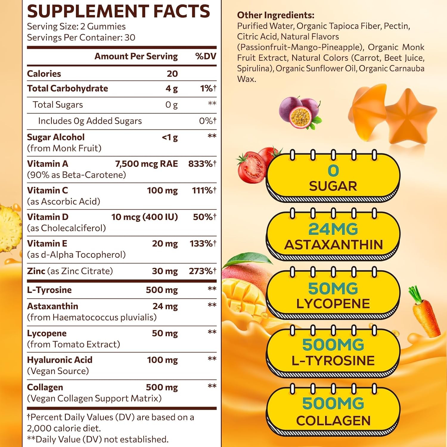 Tanning Gummies with Astaxanthin Beta Carotene, Lycopene 60 Count EXP:12/28