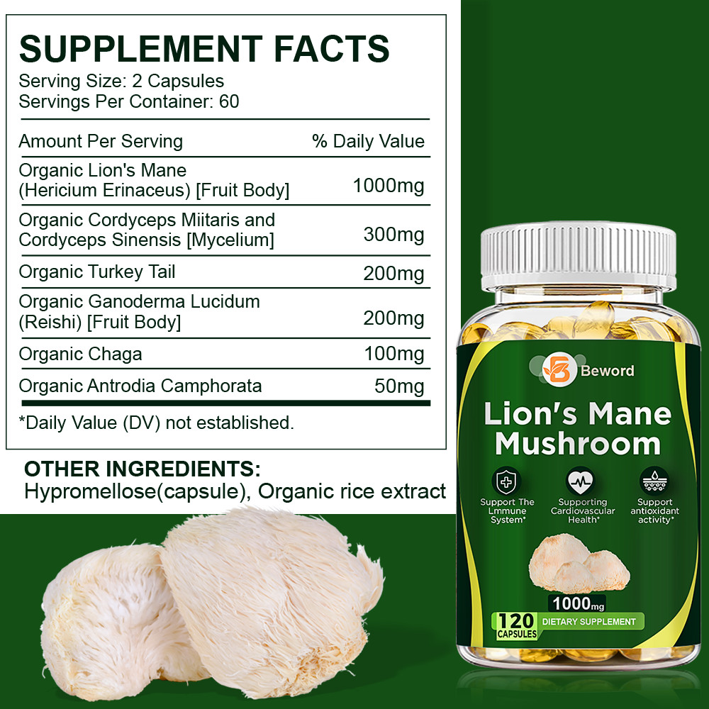 1000Mg Organic Lions Mane Mushroom Nootropic Brain Memory Focus Immune Support