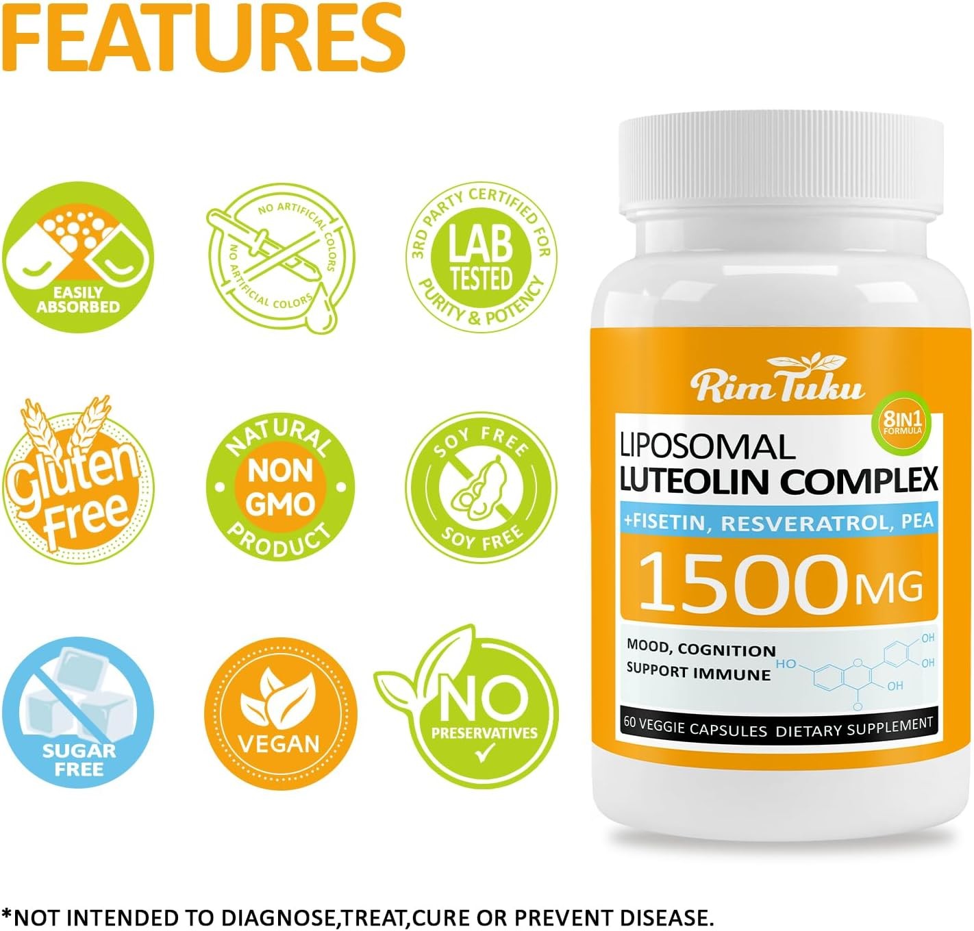 1500MG Liposomal Luteolin Supplement w/ Fisetin, Pea, Turmeric, Potent Flavonoid
