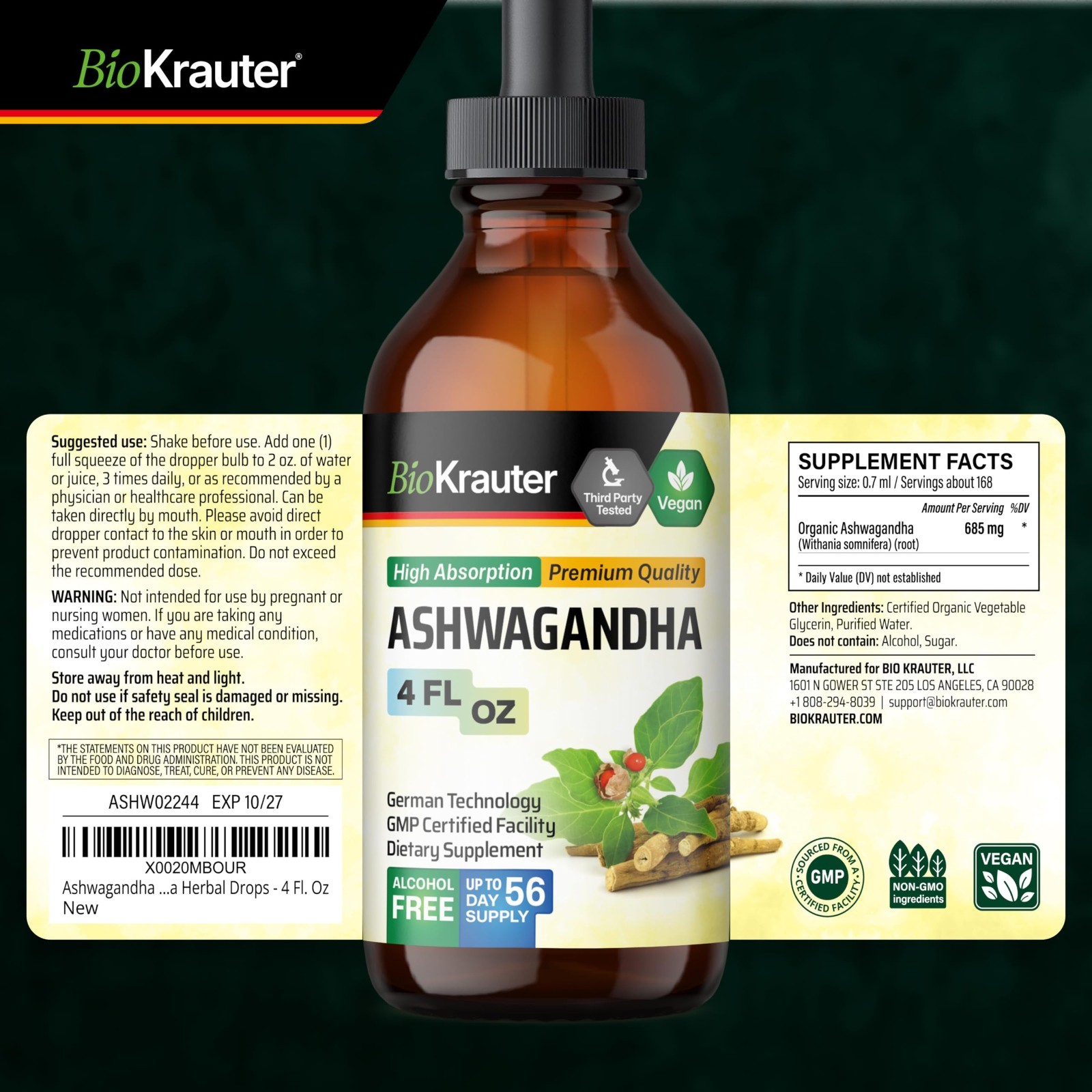 Vegan Ashwagandha Liquid Drops – 685mg, 4 Fl Oz, Mood & Relaxation Support, 56-D