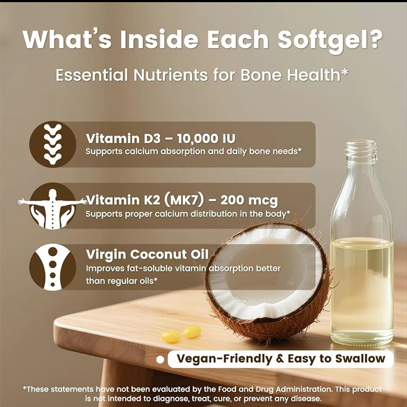 Vitamin D3 Con K2 10000 IU, 300 Virgin Coconut Oil Softgels, 2 in 1 Vitamins