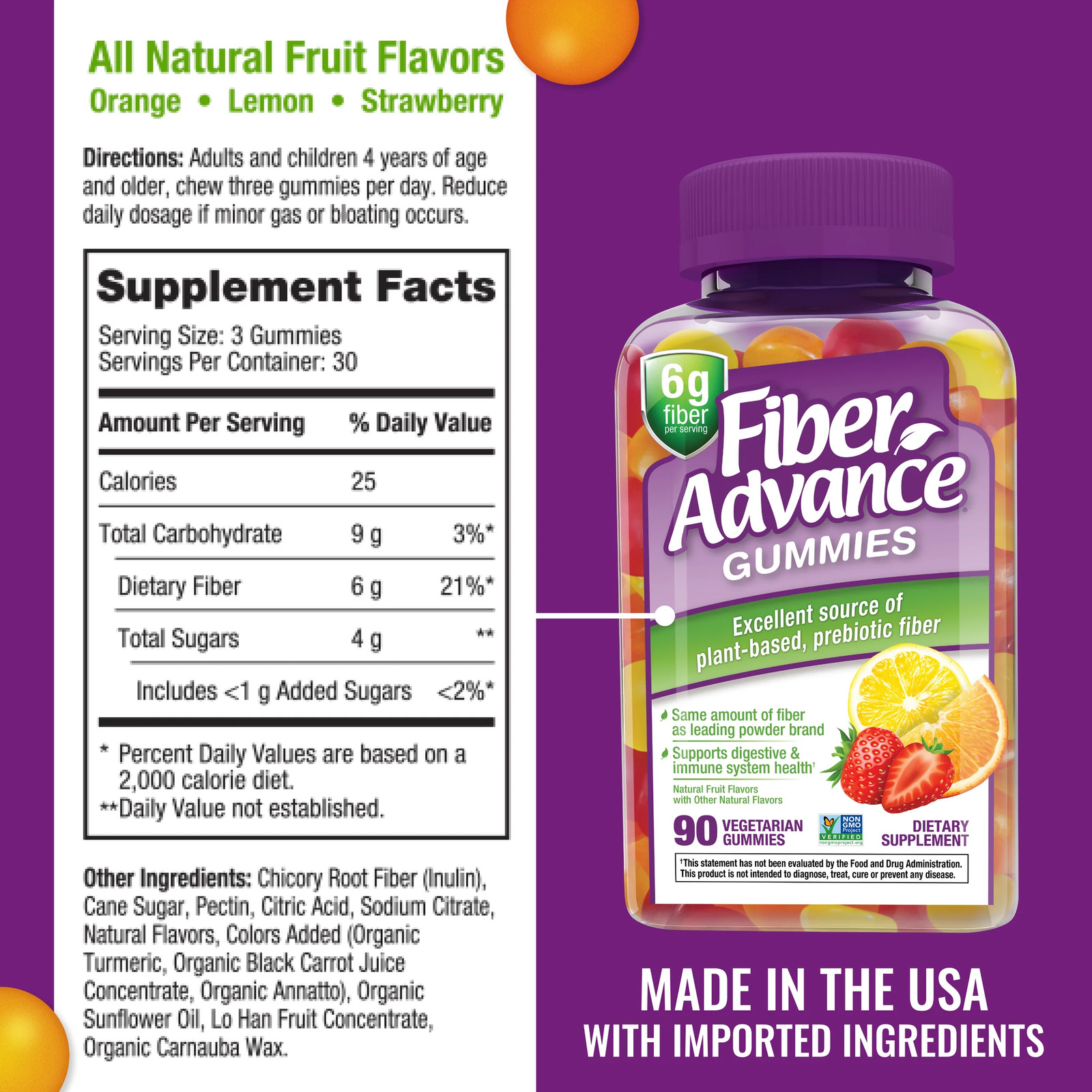 Fiber Advance Plant Based Prebiotic Fiber Supplement Gummies, Natural Fruit, 90