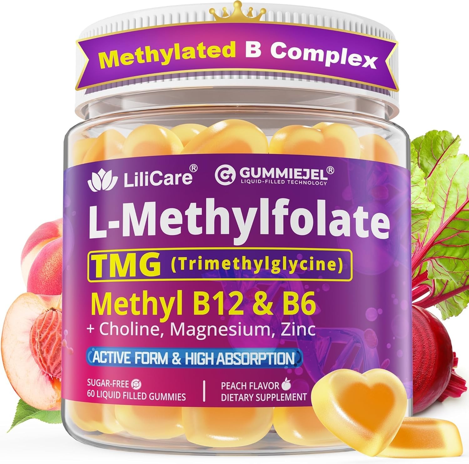 L-MethylFolate 15mg 7.5mg & B12 1000 mcg Gummies,Sugar Free Complex + TMG, Ma