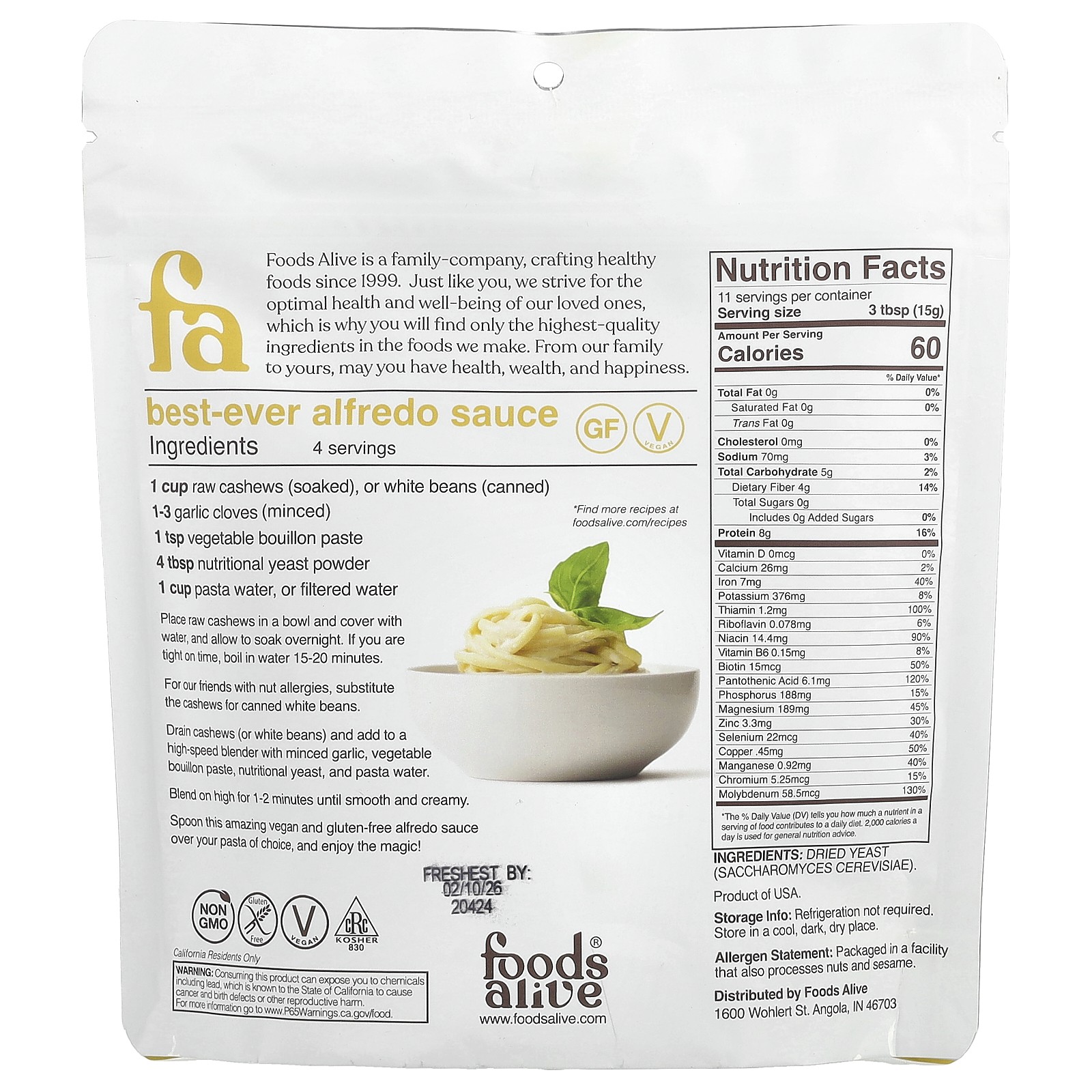 Foods Alive Superfoods Nutritional Yeast 6 oz 170 g Gluten-Free, Kosher,