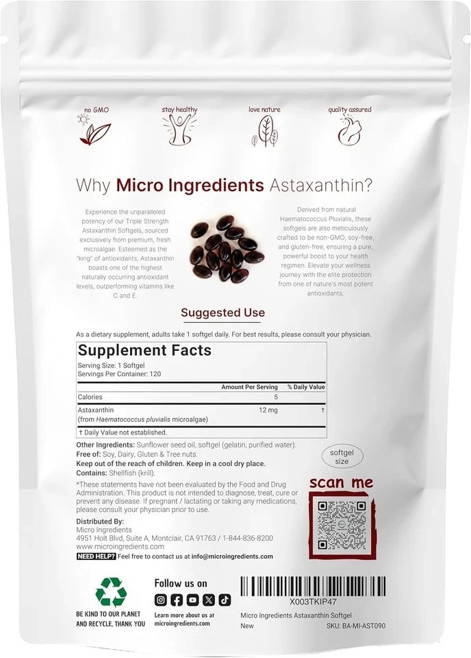 1-3 PACK Astaxanthin 120 Softgels 12mg – Supports Eye Health and Joint Health