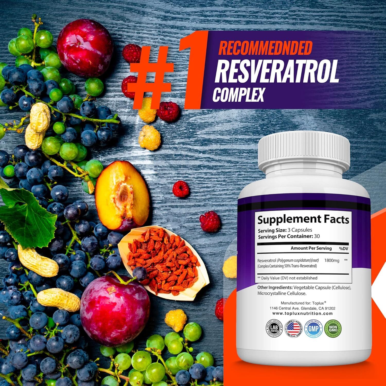 Resveratrol Supplement 1800mg Antioxidant Complex Healthy Aging 90 Capsules NEW