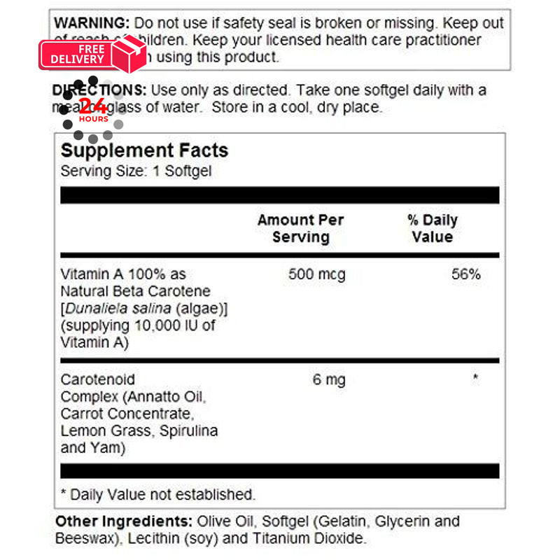SOLARAY Food Carotene, Vitamin A 10000 IU | Healthy 100 Count (Pack of 1)
