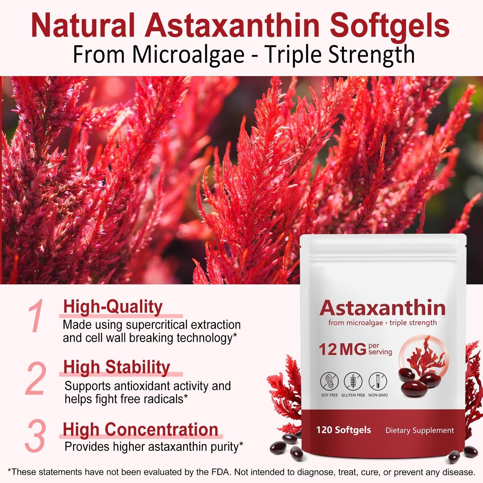 Astaxanthin Antioxidant Supplements for Eye, Joint & Skin Health – 120 Capsules