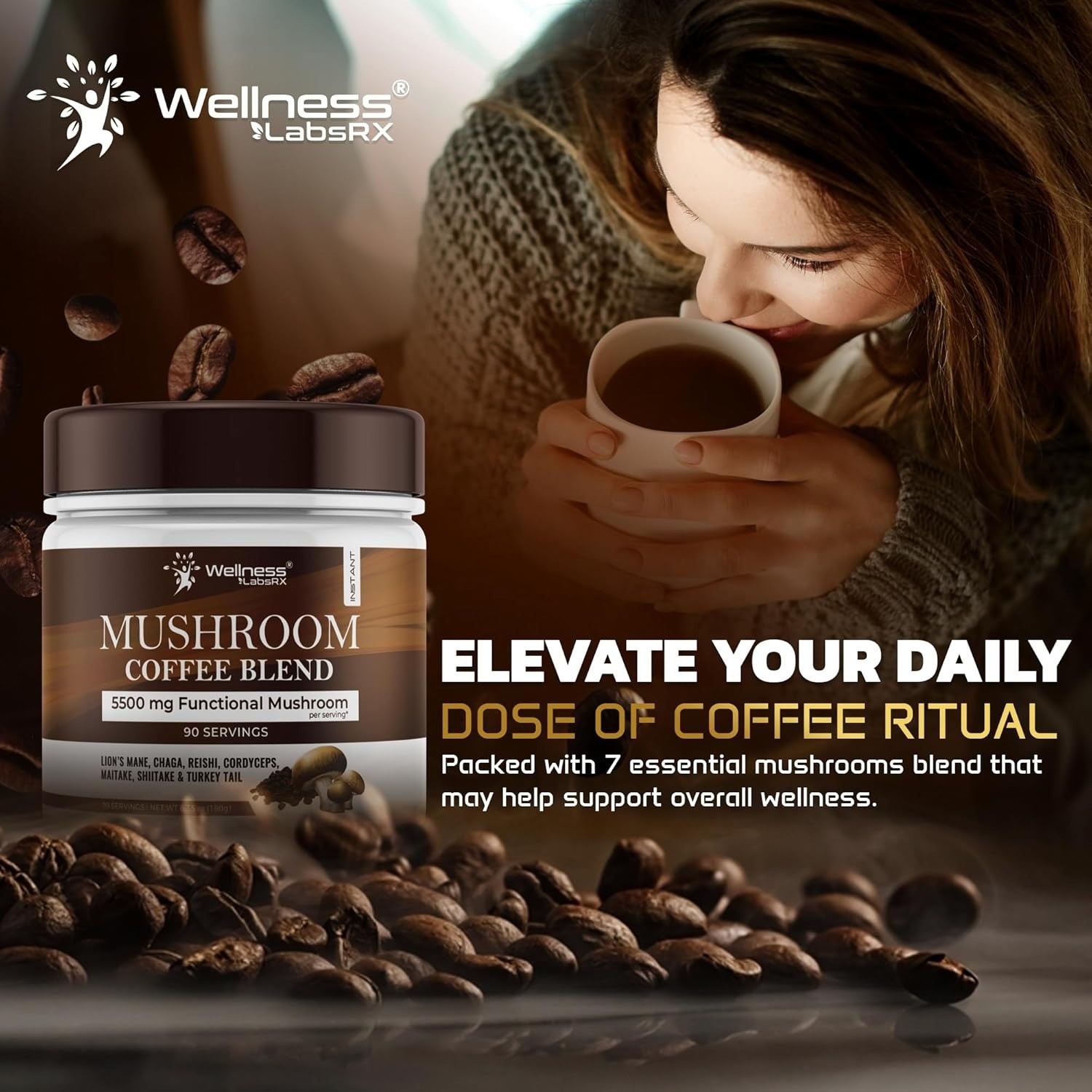 Mushroom Coffee 90 Servings | Lions Mane, Reishi, Chaga, Keto Instant Blend