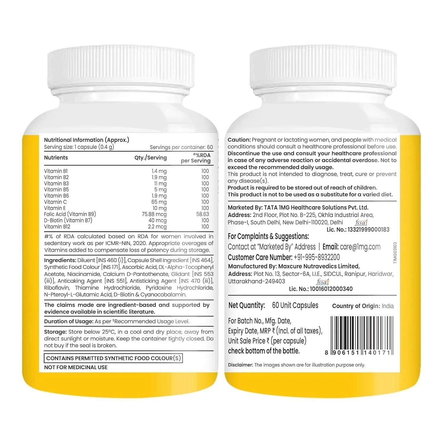 Tata 1mg Vitamin B Complex Capsules with, B1,B2,B3,B5,B6,Biotin (Pack of 60) A86